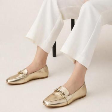 Imagem de Sapatilha Mocassim Feminina Dourado Bico Quadrado com Corrente Elegant