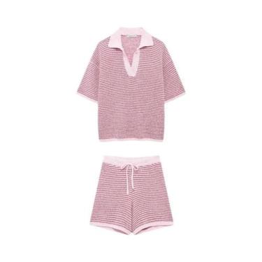Imagem de Conjunto De Moda Feminina Com Camisa De Gola Listrada E Calças Curtas 