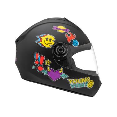 Imagem de Capacete Moto Infantil Criança Fly Young Vibes, Preto Fosco e Colorido