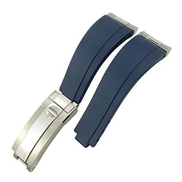 Imagem de JWTPRO Extremidade curvada Metal Link Rubber Watch Band 20mm para Rolex Daytona GMT Slide Lock Buckle Submariner Silicone Sport Watch Strap (Cor: Azul, Tamanho: Prata)