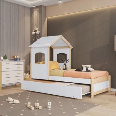 Imagem de Bicama Infantil Solteiro Madeira Maciça/mdf com Telhado Casinha Casatema