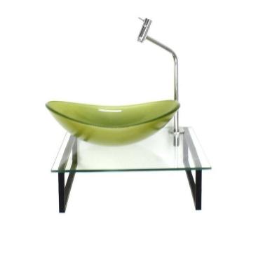 Imagem de Kit Cuba de Vidro Oval 10cm Tampo 40cm com Suporte Torneira Válvula Verde Oliva