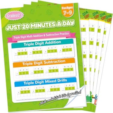 Imagem de Pasta de exercícios de adição e subtração Planilhas de prática de matemática de três dígitos para 2ª 3ª série, planilhas de adição e subtração, uma página por dia, matemática para idades de 6 a 9 anos