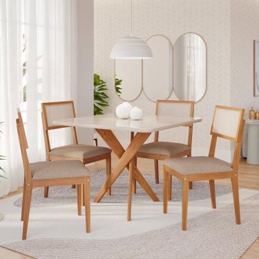 Imagem de Sala de Jantar Mesa Cacau 95x77cm com Vidro e 4 Cadeiras Encanto Off White / Bege / Cinamomo
