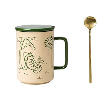 Imagem de GRFIT Caneca 480 ml Copo de cerâmica criativo café da manhã xícara de aveia xícara de café requintada caneca padrão animal pode ser aquecida por micro-ondas caneca de café (cor: latão)