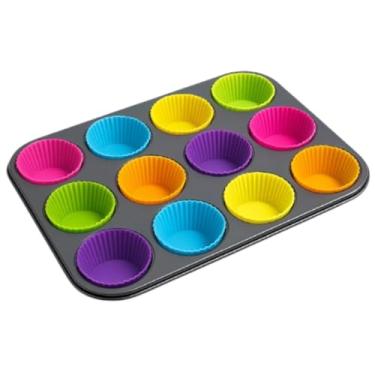 Imagem de Forma Antiaderente em Aço Carbono com 12 Cavidades para Cupcakes, Muffis - Assadeira com 12 Forminhas Silicone Reutilizáveis – Kit para Bolos, Pães de Queijo e Doces – Utensílio Prático e Durável