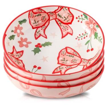 Imagem de HASENSE Tigelas de massa de cerâmica, tigelas de servir de 1,077 g com estampa de laço rosa, pratos de jantar modernos para salada, macarrão, sopa, sobremesa, pratos de jantar de 21 cm de profundidade