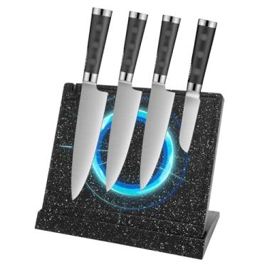 Imagem de Bloco de facas magnético, suporte de faca magnético com almofada antiderrapante, suporte de faca de madeira para cozinha com duas fileiras de tiras magnéticas, 31 cm, armazenamento multifuncional de
