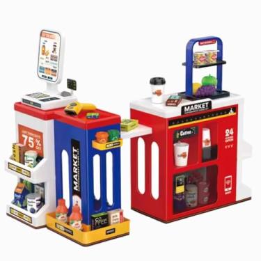Imagem de Brinquedo Supermercado Infantil com Caixa Registradora Scanner de Código de Barras Cafeteira com Água Miniaturas de Mercado Acessórios Completos para Crianças