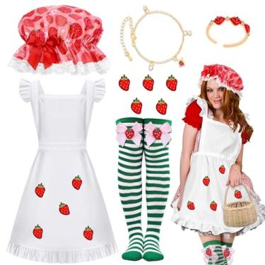 Imagem de Yanbuny 6 peças de fantasia de bolo de morango para Halloween, incluindo chapéu de morango, avental, colar, anel, meias até a coxa e adesivos de tecido para festas de Halloween