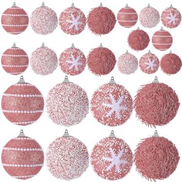 Imagem de VioraWhite 24 peças de enfeites de bola de glitter de Natal, tamanhos variados, enfeite de árvore de Natal de espuma, bolas penduradas para festas de Natal, Ano Novo, decorações de casa (ouro rosa)