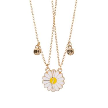 Imagem de Lindo colar com pingente de margarida BFF para 2 melhores amigas, amizade, mulheres, branco, amarelo, esmaltado, flor combinando girassol, corrente de elos ajustáveis, irmãs, Bestie Forever, presente