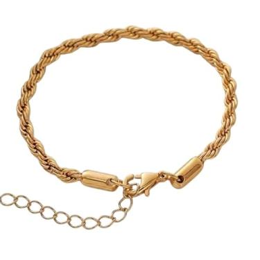 Imagem de Pulseira clássica de corrente de corda de ouro, banhada a ouro amarelo 18 K sobre design de elos torcidos de aço inoxidável com corrente de extensão, joia moderna para mulheres, resistente a manchas