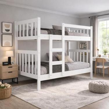 Imagem de beliche solteiro capri que vira cama madeira mdf branca para pousada -