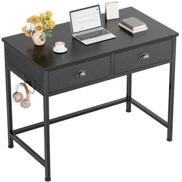 Imagem de Furologee Mesa de computador pequena preta com 2 gavetas de tecido para quarto, mesa de escrita, escritório doméstico simples de 86 cm, penteadeira com ganchos, mesa de estudo para adultos, estudantes