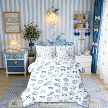 Imagem de Manfei Conjunto de edredom tamanho casal oceano, lindo laço, concha de concha, decoração de algas marinhas náuticas para crianças todas as estações, azul e branco (elástico + lençol + 2 fronhas + 2