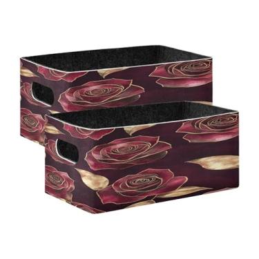 Imagem de xigua Conjunto de 2 caixas de armazenamento de rosas vermelhas em aquarela, cubo de armazenamento dobrável, organizador de cestas de armazenamento para livros, prateleiras, armário, lavanderia
