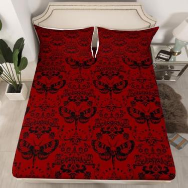 Imagem de Jogo de lençol casal casal com estampa de caveira mariposa, esqueleto gótico barroco, decoração de quarto de meninas, meninos, vintage, borboleta morta, vermelho, preto, retrô, 2 fronhas (não planas)