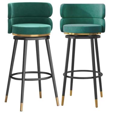 Imagem de Conjunto de bancos de bar estofados de veludo de 2,65 cm, banquetas giratórias com apoio para os pés e pernas de metal preto, bancos de jantar estofados de café da manhã com encosto alto, verde