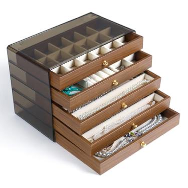 Imagem de CLUQMEIK Caixa de joias de madeira grande de 5 camadas com tampa de acrílico e gavetas de madeira, organizadores de joias empilháveis e caixa de armazenamento para mulheres e meninas para guardar