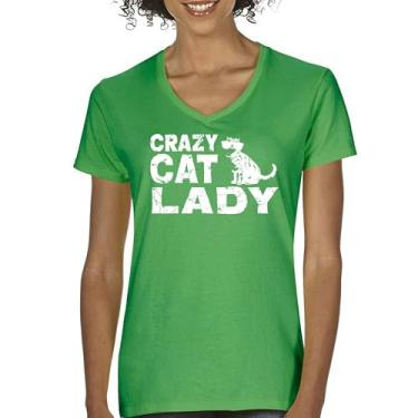 Imagem de Camiseta feminina Crazy Cat Lady gola V divertida amante de gatinhos animais de estimação mãe feline rainha miau gatos humor mamãe sarcástica camiseta, Verde, XXG