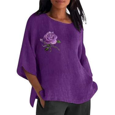 Imagem de Blusa feminina de linho Alzheimer, manga 3/4, roxa, estampa floral, camisetas grandes, blusas soltas, F-roxo, M