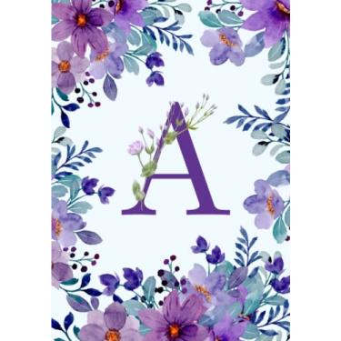 Imagem de Caderno inicial letra A, roxo, monograma, letra floral, flores, presentes botânicos para mulheres, grande, 17 x 25 cm, 120 páginas pautadas, diário para mulheres e meninas escreverem em anotações