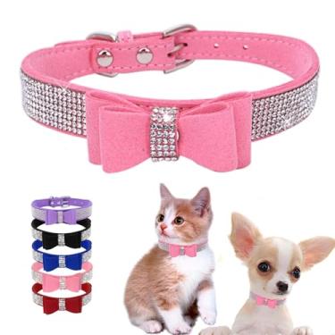 Imagem de Coleira para cães pequenos de strass com laço, coleira de filhote de cachorro brilhante diamante brilhante fofo chique ajustável para PPS XS pequeno médio animal de estimação fêmeas cães meninas gatos