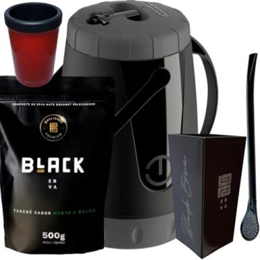 Imagem de Kit Para Tereré Garrafa Lisa Black Erva Mate 500g Copo Cuia Quadrado Acrílico Bomba Clássica Preta (MENTA E BOLDO)