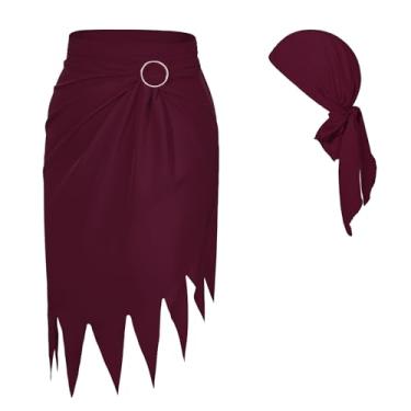 Imagem de American Trends Vestido saia pirata fantasia de Halloween feminino masculino cabeça pirata cachecol pirata cosplay acessórios bandana bandana, Vinho tinto, Tamanho Único