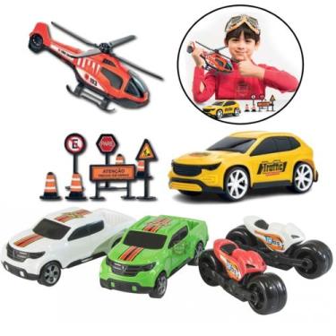 Imagem de Kit Infantil Carrinhos De Brinquedo Helicóptero Motos E Acessórios - B