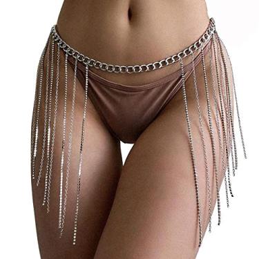 Imagem de Kercisbeauty Cinta de cintura com borlas de strass prateada, corrente punk para festa rave, joia de biquíni, vestido de biquíni, joia corporal para mulheres e meninas