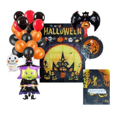 Imagem de Kit Decoração Festa Halloween: Painel Mesa + 4 Balões Metalizados + 50