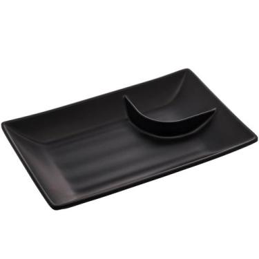 Imagem de Kit 10 Pratos para Sushi com Molheira Melamina Pretos 19x12,5cm Lyor T