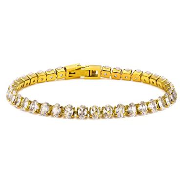 Imagem de Pulseira de tênis de aço de titânio para mulheres, banhada a ouro 18K, zircônia cúbica de elipse verde branca 5 mm pulseira clássica de tênis, pulseira de cristal, aniversário, dia dos namorados, presentes de festa de casamento, joias para mulheres e meninas, Aço inoxidável Zircônia cúbica Aço inoxi