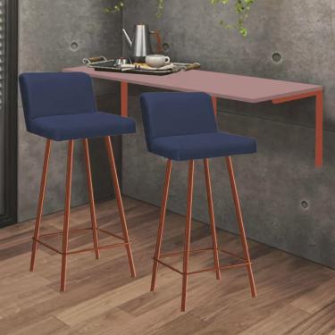 Imagem de Kit Mesa Suspensa de Parede Fixa mdf Rosa + 2 Banquetas Lexi Ferro Bronze Corino Azul Marinho - Ahazzo Móveis