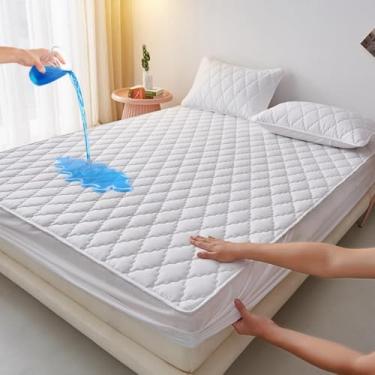 Imagem de Capa protetora de colchão elástica de algodão de cor sólida, capa de cama respirável para a pele, lençol de elástico macio, lavável na máquina, capa de colchão-branco||Queen 150 x 200 cm