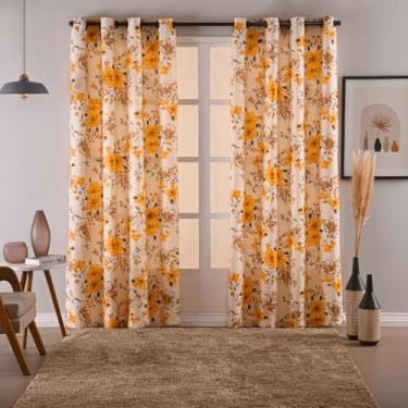 Imagem de Cortina Rústica Estampada, 280 x 180 cm, Decorativa com Ilhós Tabaco (Floral Amarelo)