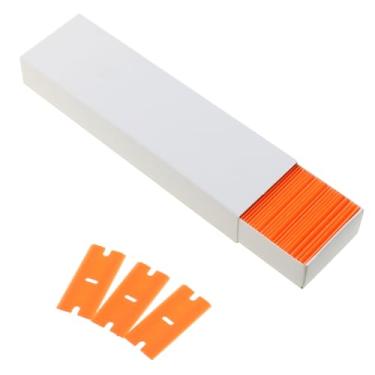 Imagem de MEETOTT 100 lâminas raspadoras de plástico com bordas duplas para raspadores de vidro de segurança, ferramentas para remover adesivos, etiquetas, cola e limpeza de vidro - laranja