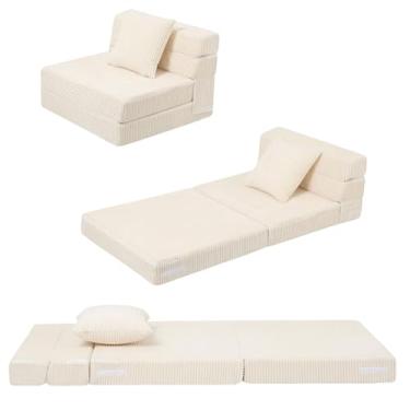 Imagem de MeMoreCool Sofá dobrável para crianças, cadeira de futon dobrável de veludo cotelê, colchão de chão dobrável pequeno, sofá infantil portátil, bege
