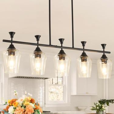 Imagem de UnicozoHome Luminária/Lustre Para Sala De Jantar Sobre A Mesa, Iluminação De Ilha De Cozinha Com 5 Luzes Pendentes Para Lustres Lineares De Fazenda, Luminárias Pendentes De Teto Preto Fosco Com Aba