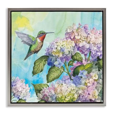 Imagem de Stupell Industries Design de arte de parede em tela flutuante cinza beija-flor e hortênsias por Tim Coffey, 45,7 x 45,7 cm