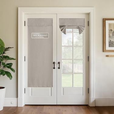 Imagem de StangH Cortinas de linho 100% blackout para janela de porta francesa, total privacidade, isolamento térmico com persiana adesiva para sala de estar, bege acinzentado, L76 x C69, 1 painel