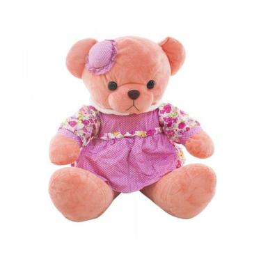 Imagem de Ursa Cor Salmão Sentada De Vestido Florido E Chapeuzinho 37cm - Pelúci