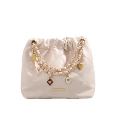 Imagem de Jopchunm Bolsa de ombro acolchoada Hobo, alças de corrente dourada com pingentes de coração, várias cores, 28 x 14 x 18 cm, Bege