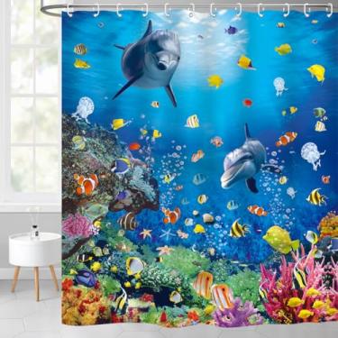 Imagem de ZXMBF Cortina de chuveiro oceano mundo subaquático golfinho peixes tropicais coloridos coral no fundo do mar recife banheiro decoração de banheira tecido impermeável 182x213 cm com gancho de plástico