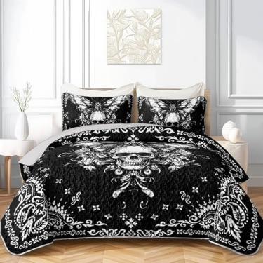 Imagem de AILONEN Jogo de cama casal de caveira gótica, colchas góticas leves em preto e branco, capa de cama de microfibra macia com 2 fronhas, 3 peças
