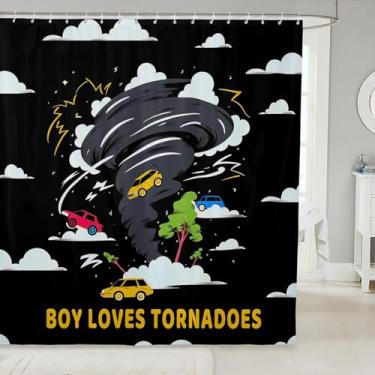 Imagem de jejeloiu Cortina de banho Boy Loves Tornadoes 183 x 183 cm, acessórios de banheiro com desenho de tornado para crianças, adolescentes e adultos, fenômeno de desastre natural, cortina de chuveiro