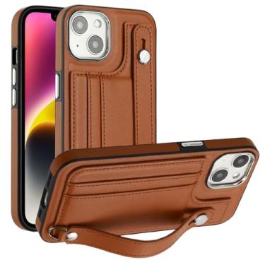 Imagem de Capa de telefone com pulseira de couro para iPhone 14 13 12 11 Pro Max XS X XR SE 2020 2022 7 8 Plus com capa protetora de suporte de cartão, marrom, para iPhone 7Plus (8Plus)