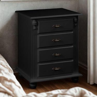 Imagem de Mesa De Cabeceira Com 4 Gavetas E Pés Torneados - Preto Laca